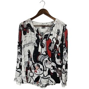 Simply Art by Dolcezza White Black Red Abstract Face Long Sleeve Sz S